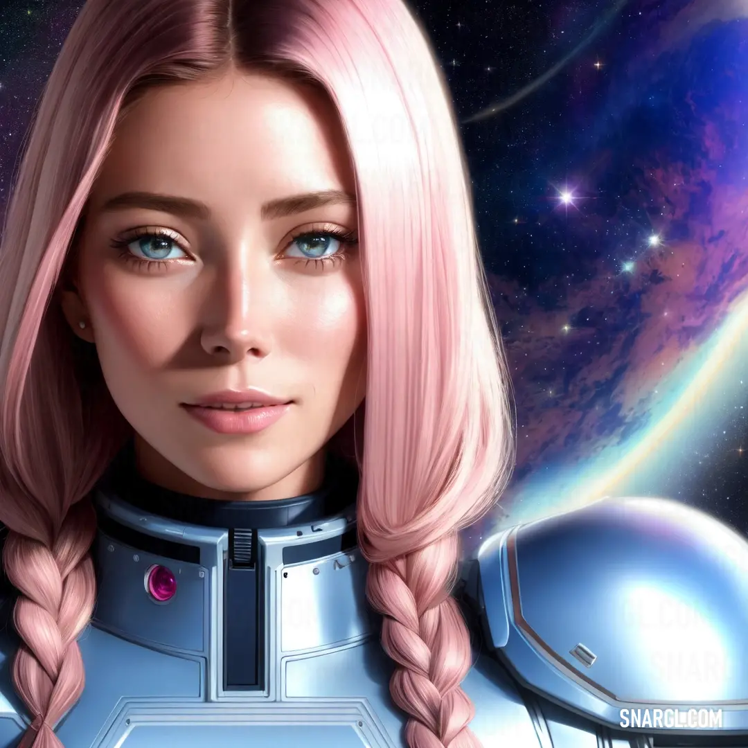 Woman with pink hair and a space suit on her face