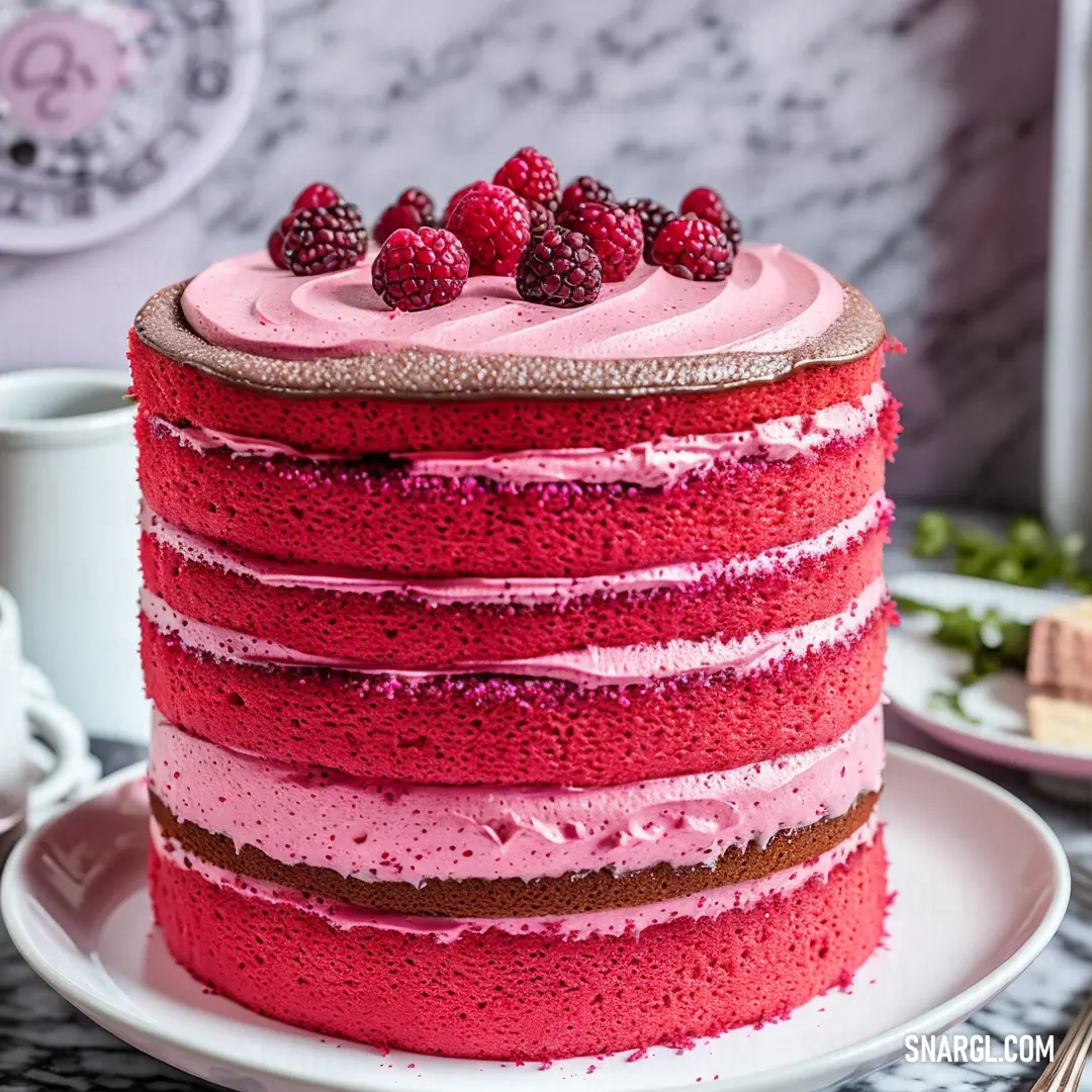Cake with raspberries on top of it on a plate with a fork and a cup of coffee