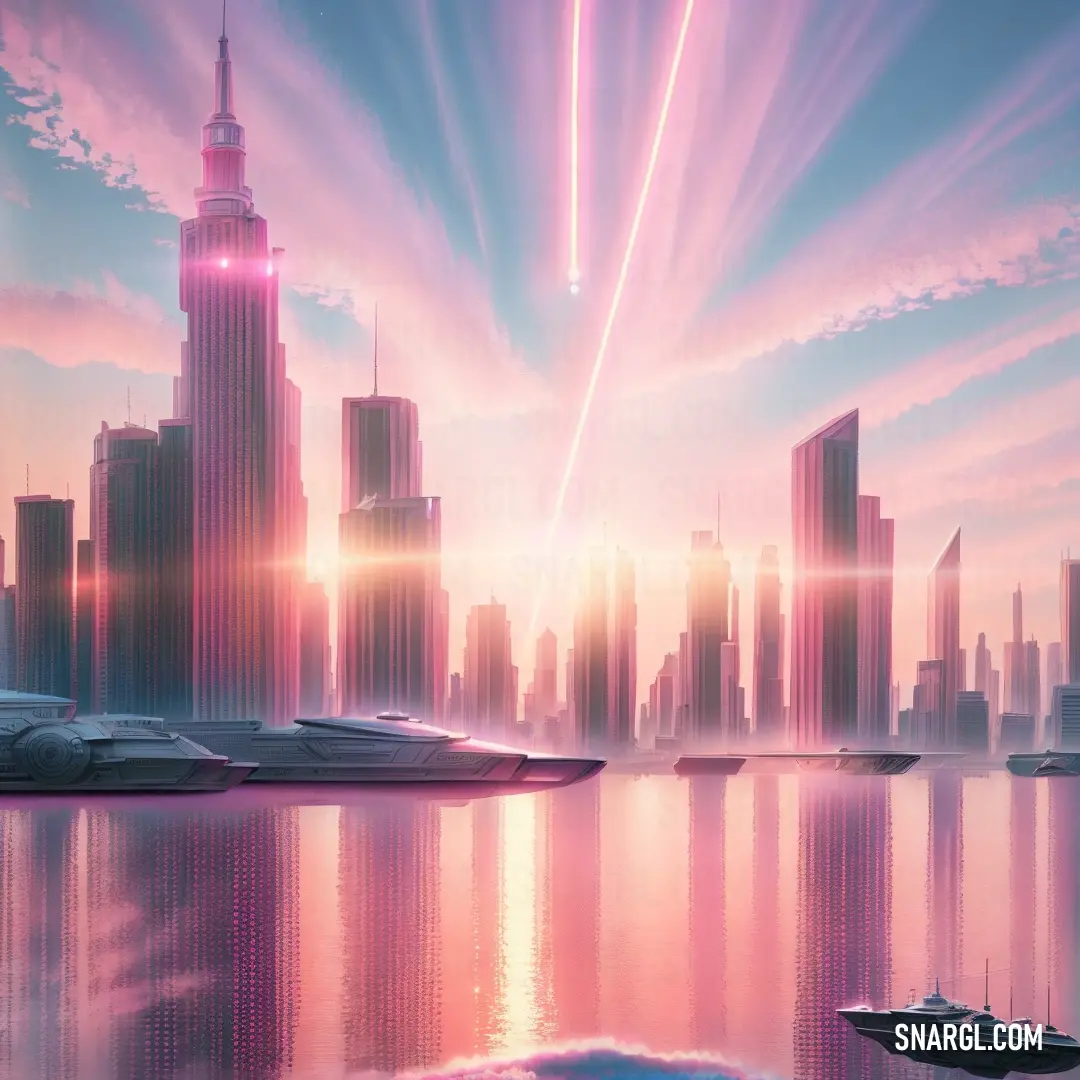 City skyline with a boat in the water and a bright pink sky with a pink and blue streak