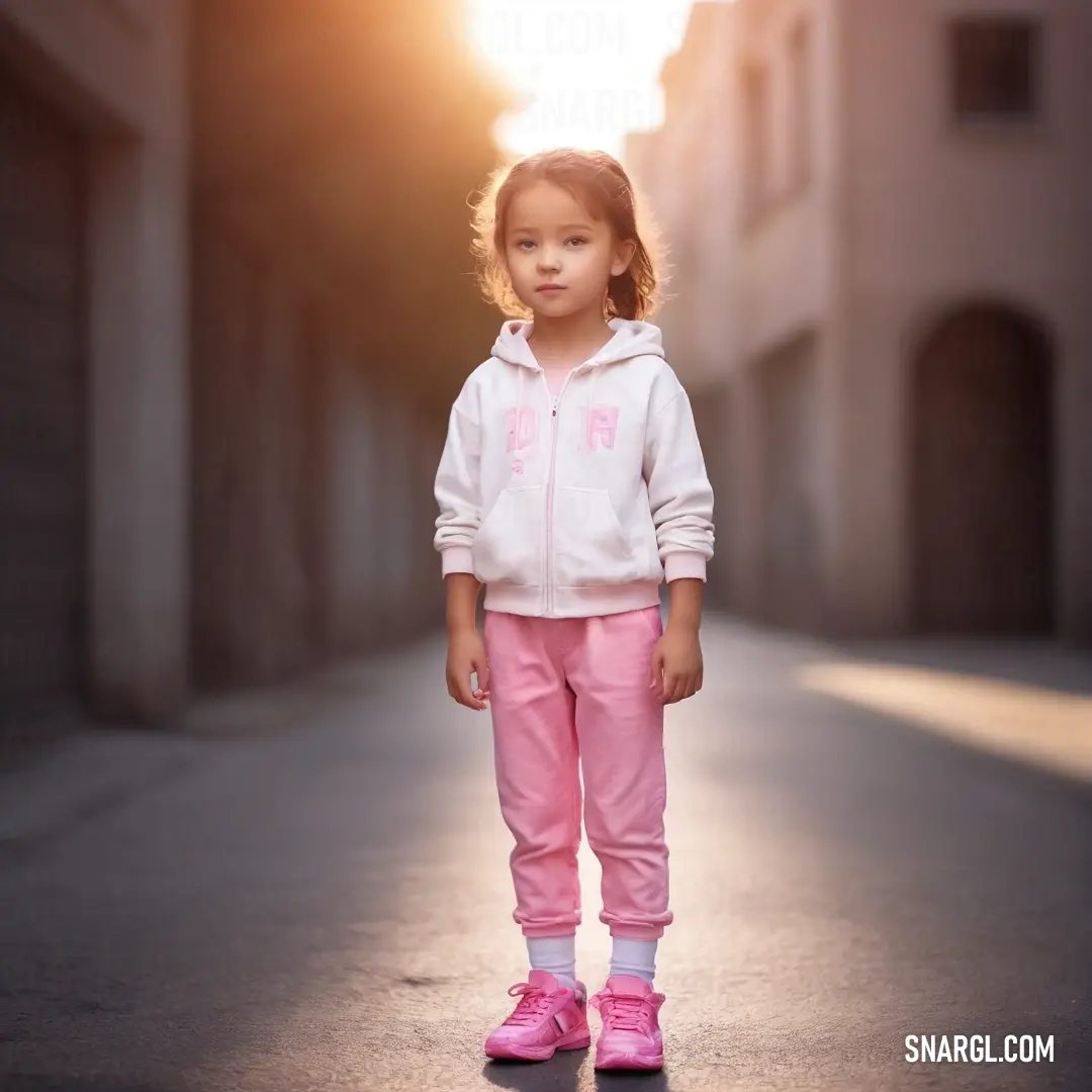 Little girl standing in the middle of a street wearing pink pants and a white jacket. Color CMYK 0,20,20,4.