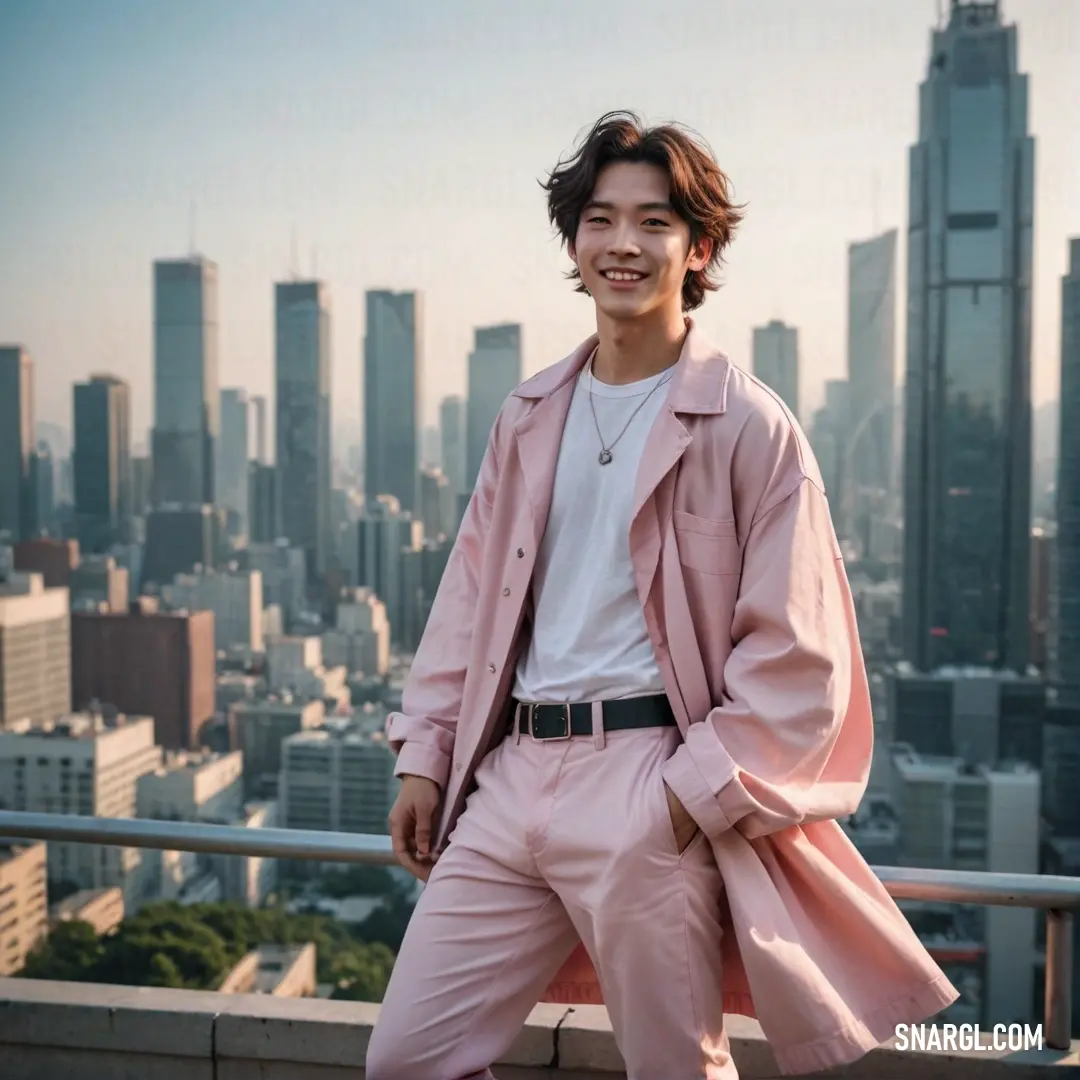 Man in a pink suit standing on a balcony with a city in the background. Color Baby pink.