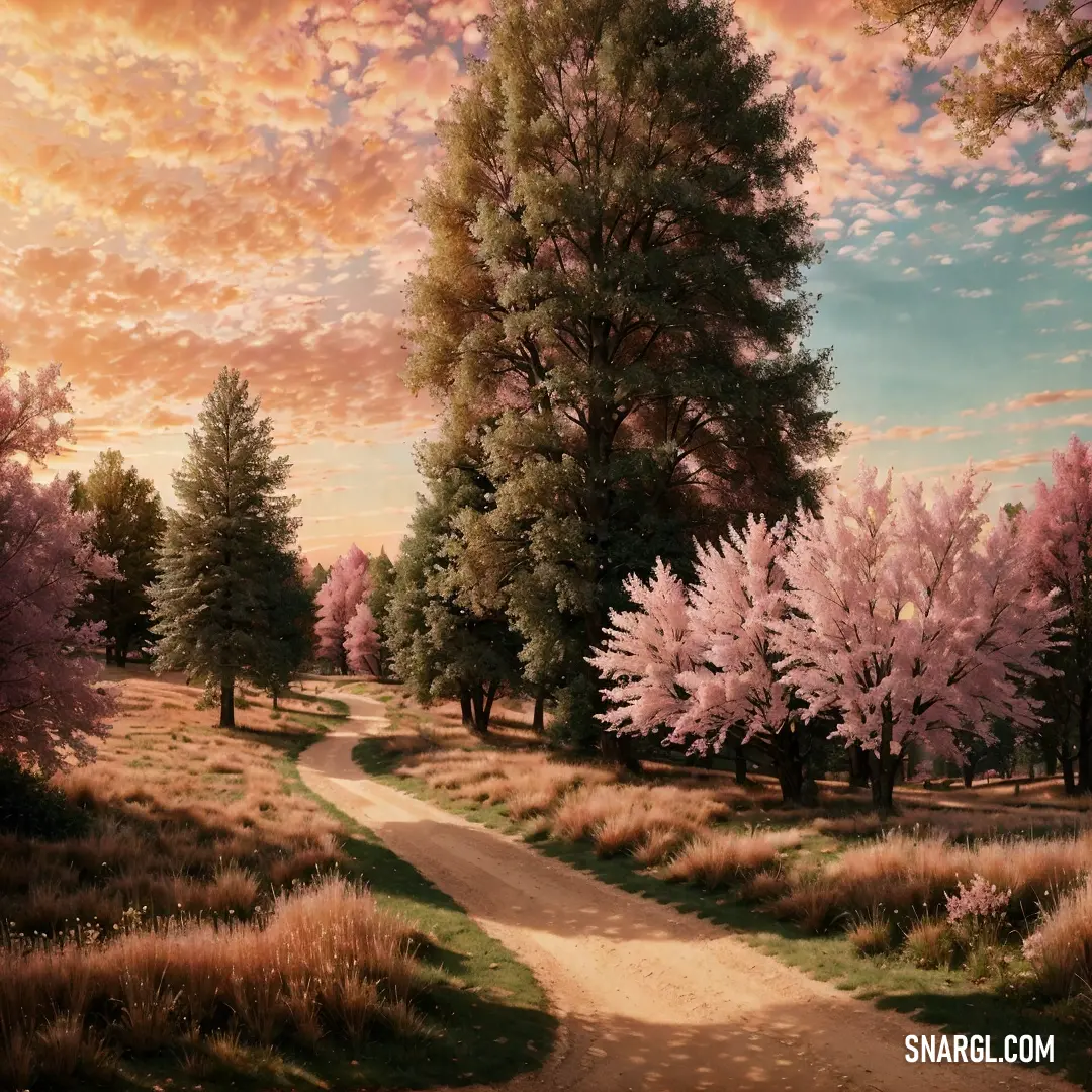 Painting of a dirt road surrounded by trees and grass with a sunset in the background and a pink sky