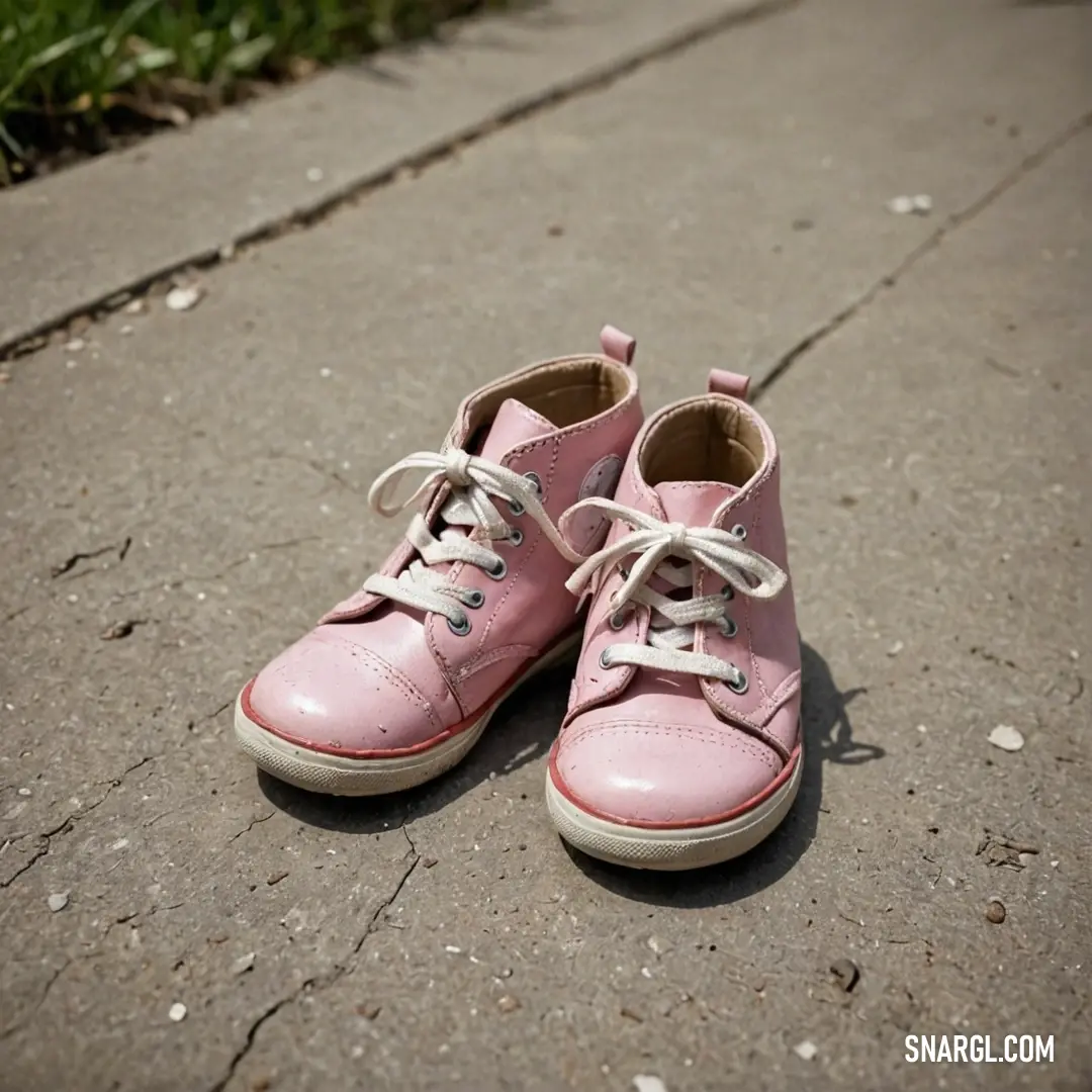 Pair of pink shoes on a sidewalk next to a grass area and sidewalk. Example of Baby pink color.