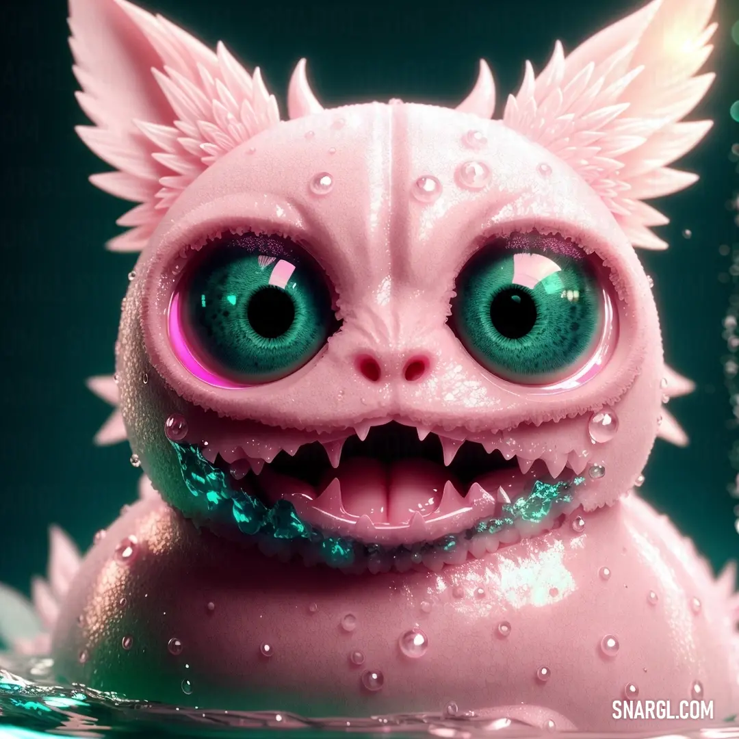 Pink toy with big eyes and a weird creature like head with wings on it's head
