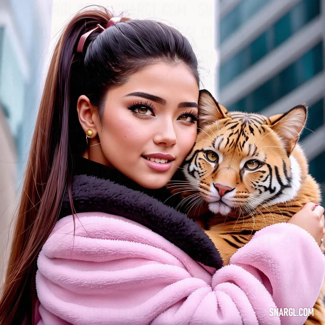 Woman holding a tiger in her arms in a city setting with tall buildings in the background