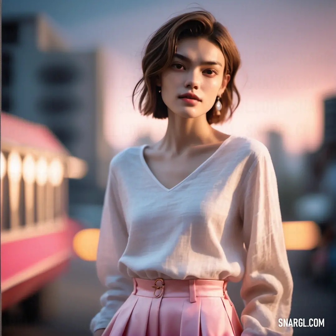 Woman in a white shirt and pink skirt standing in front of a bus at sunset with a pink background. Color #F4C2C2.
