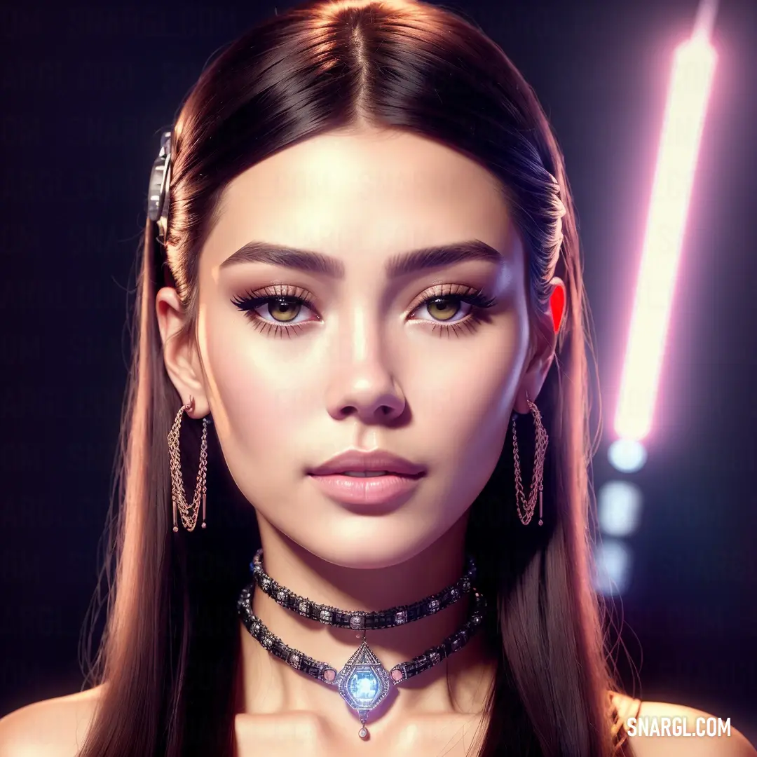 Woman with long hair wearing a necklace and earrings with a star wars theme on it