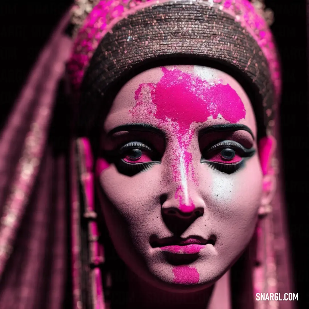 Woman with pink paint on her face and head and a veil on her head