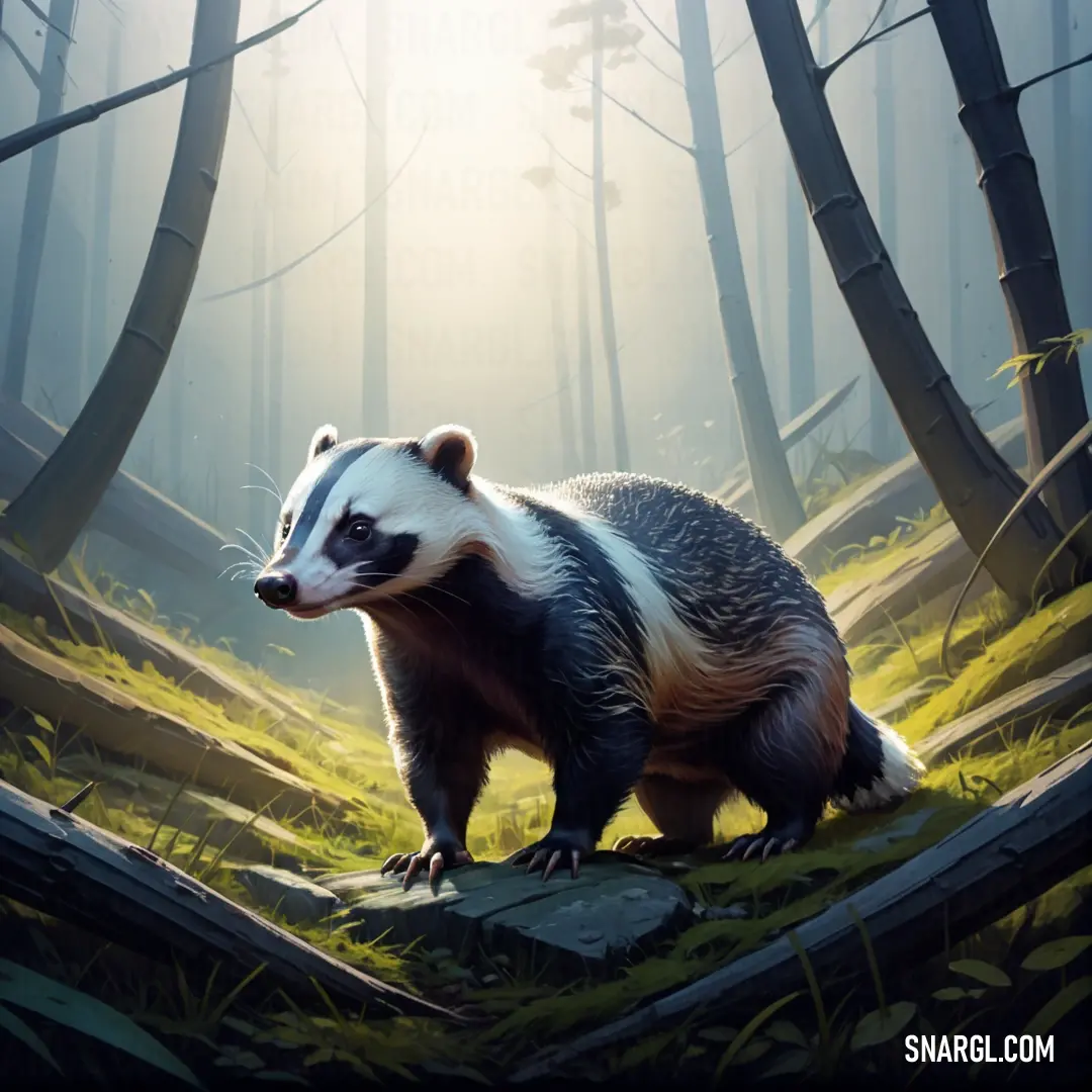 Badger is standing in the middle of a forest with trees and grass on the ground and sunlight shining through the trees