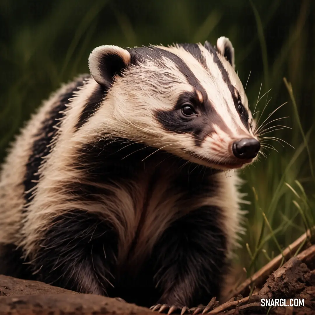 Badger is standing on a log in the grass and looking at the camera with a sad look on his face