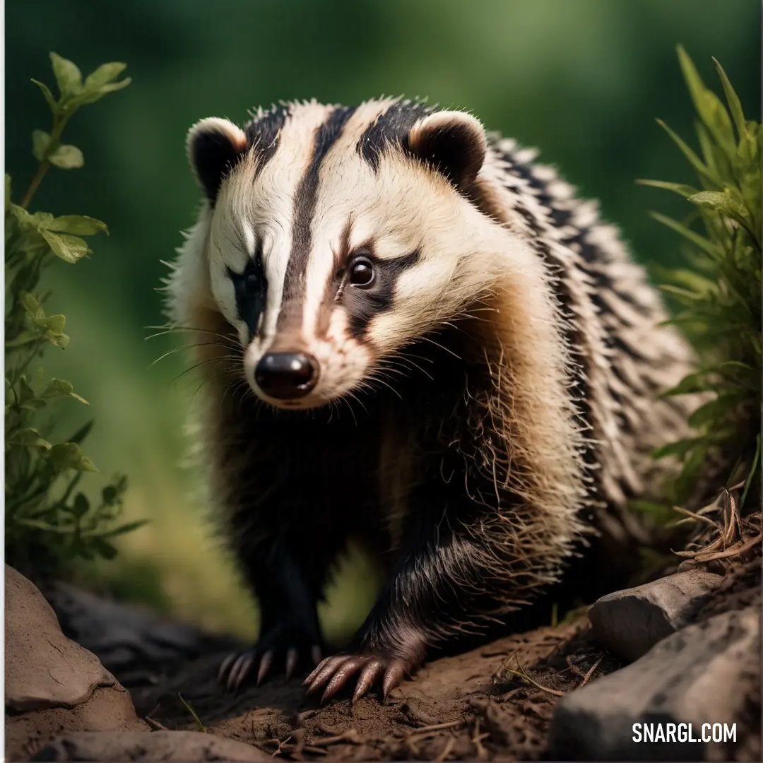 Badger is walking on a rocky surface in the woods, looking at the camera with a blurry background