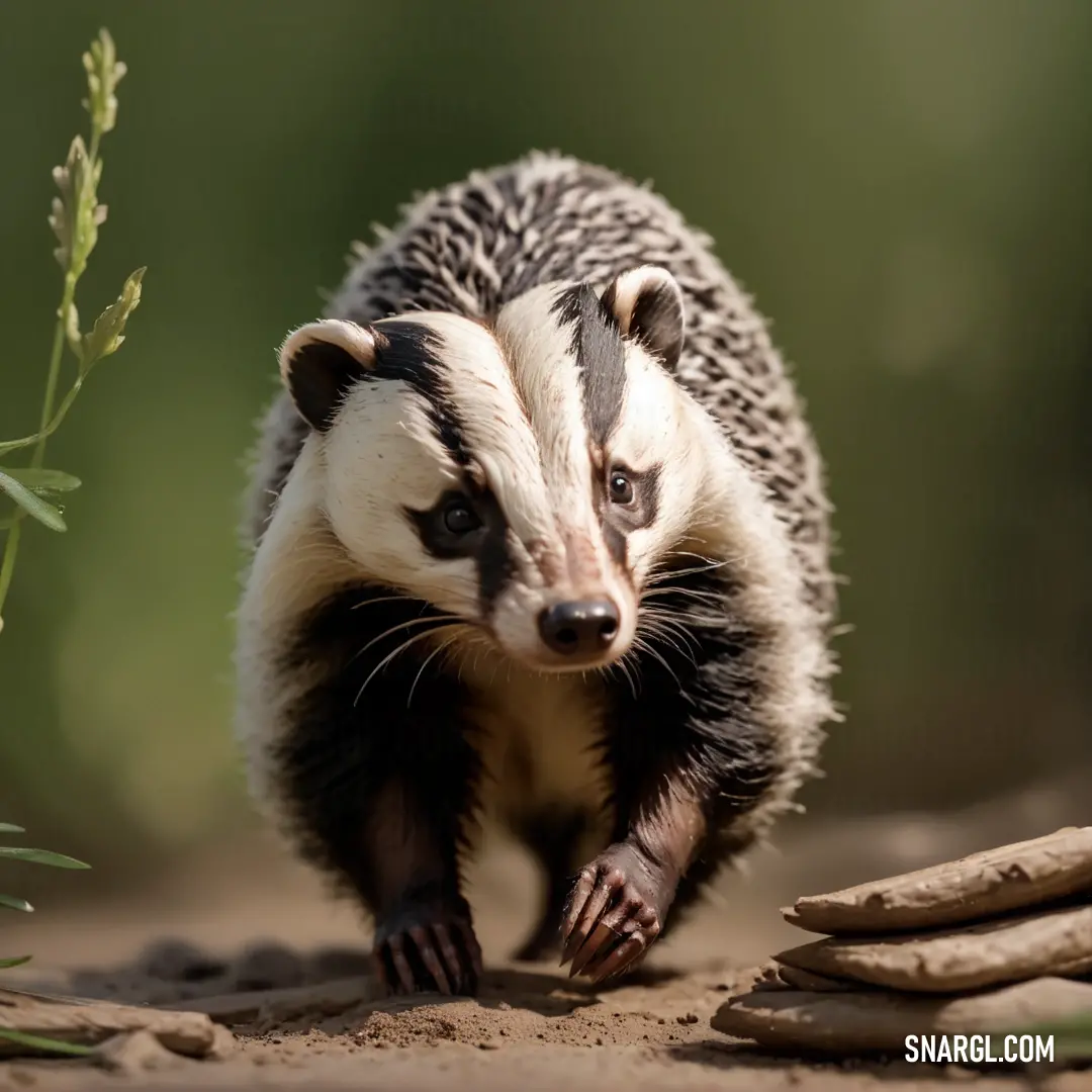 Badger is walking on the ground near a plant and rocks and grass in the background