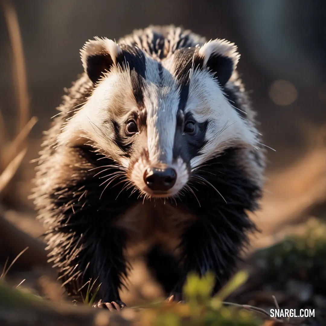 Badger is walking through the woods alone in the sun light, with a blurry background