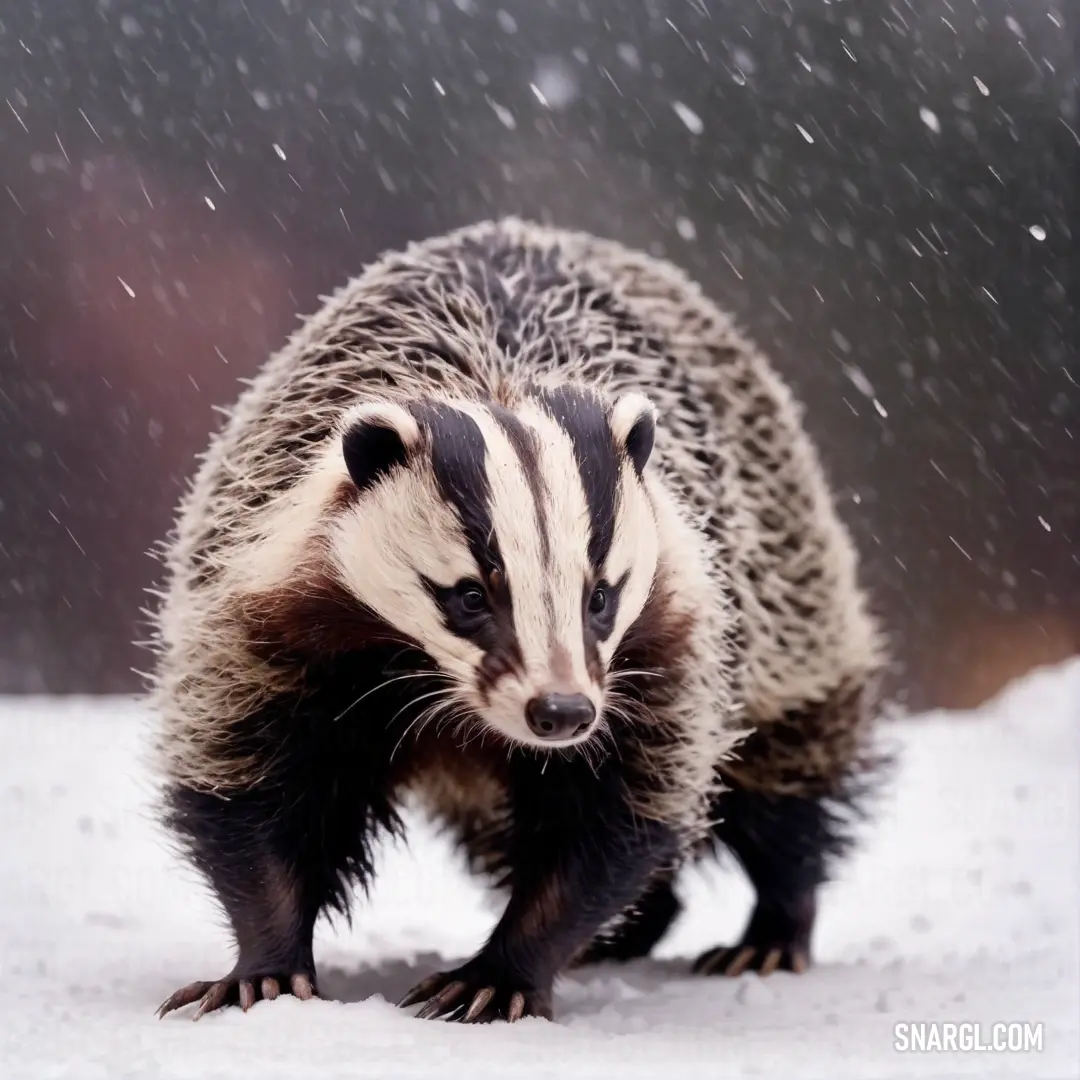Badger is walking in the snow in the wintertime, with snow falling on it's fur
