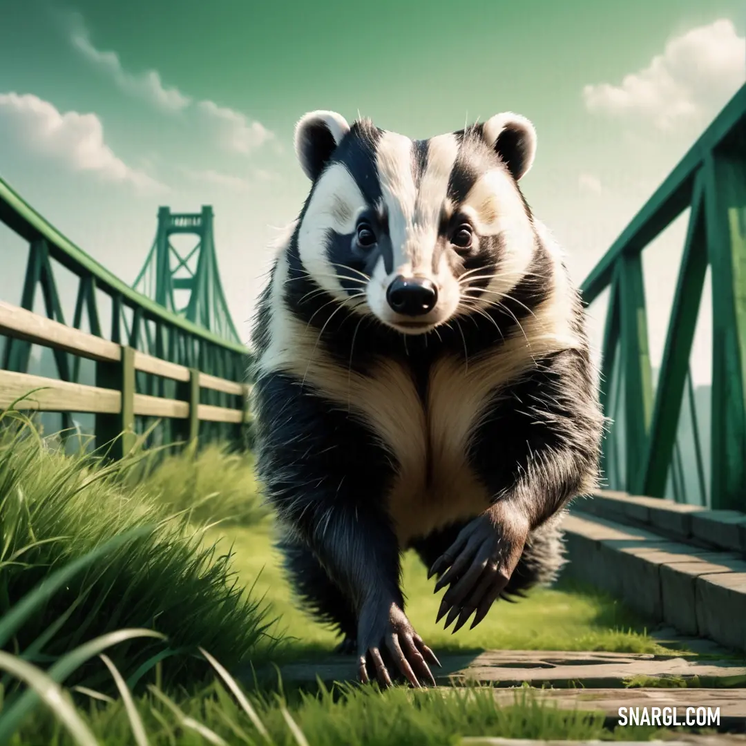 Badger running across a bridge over a river with a bridge in the background