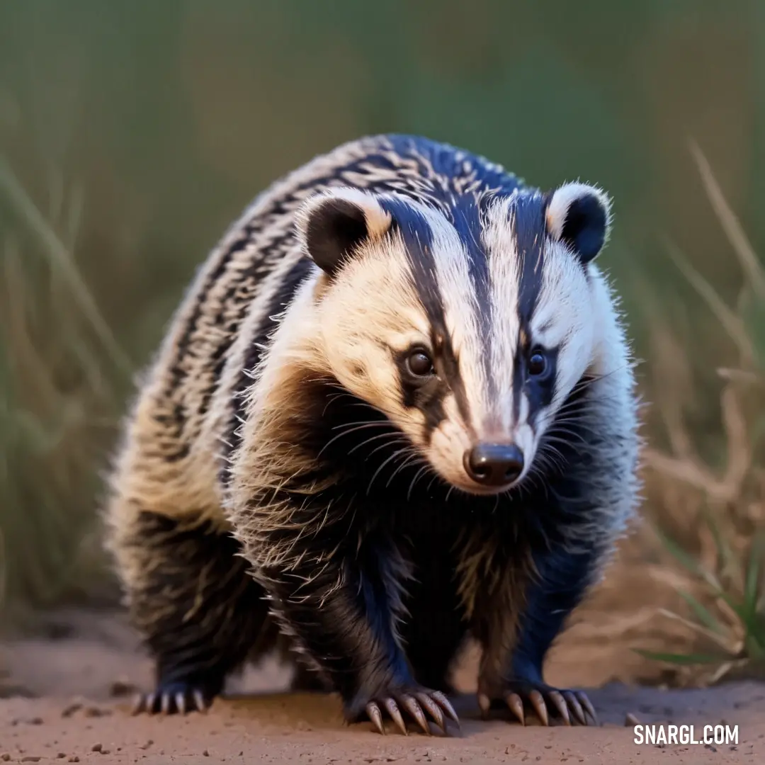 Badger standing on a dirt ground next to tall grass and weeds, with a blurry background