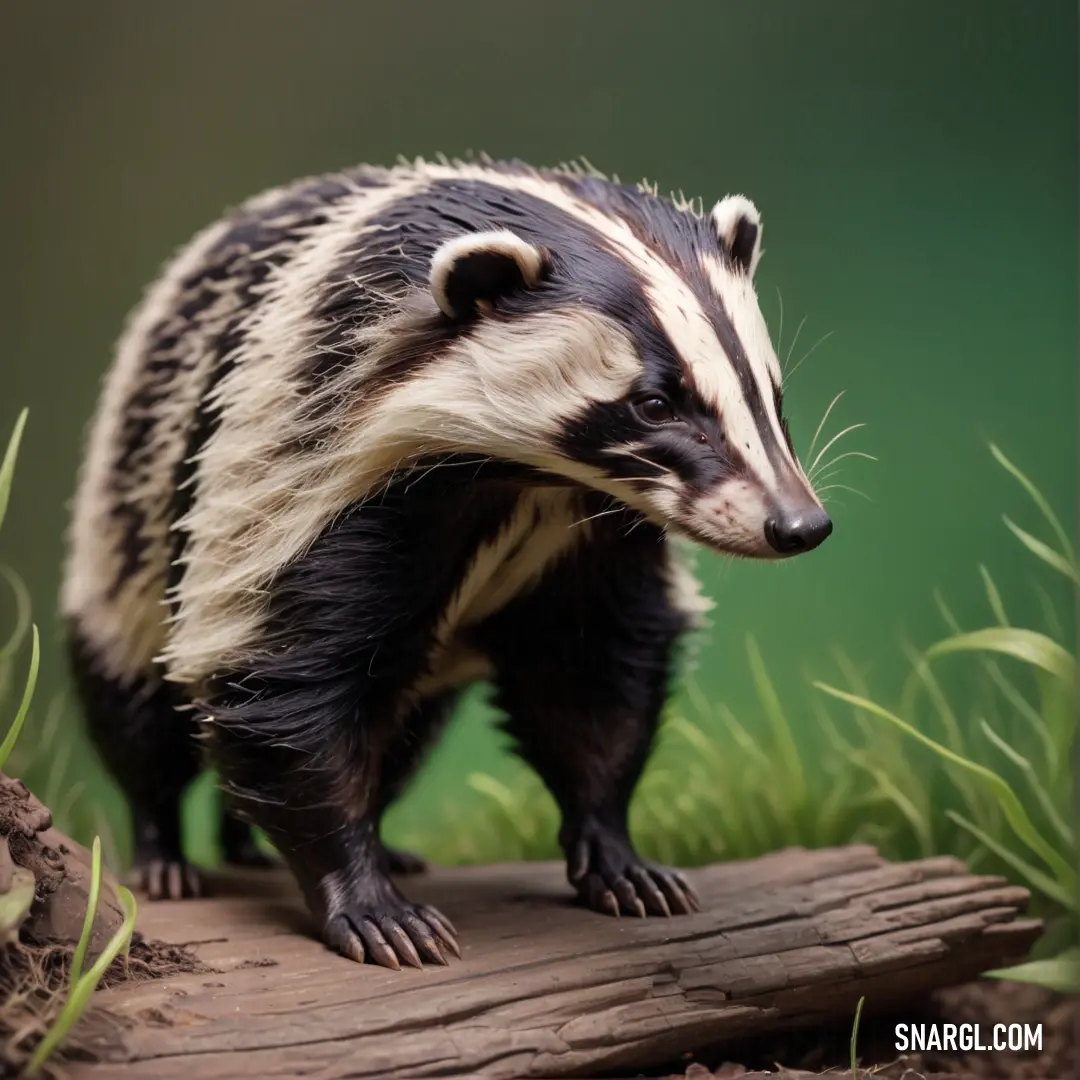 Badger standing on a log in the grass and dirt, with a green background