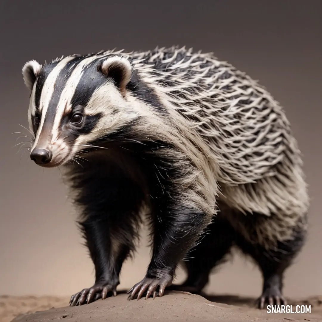 Badger standing on top of a sandy hill next to a tree trunk and a gray background