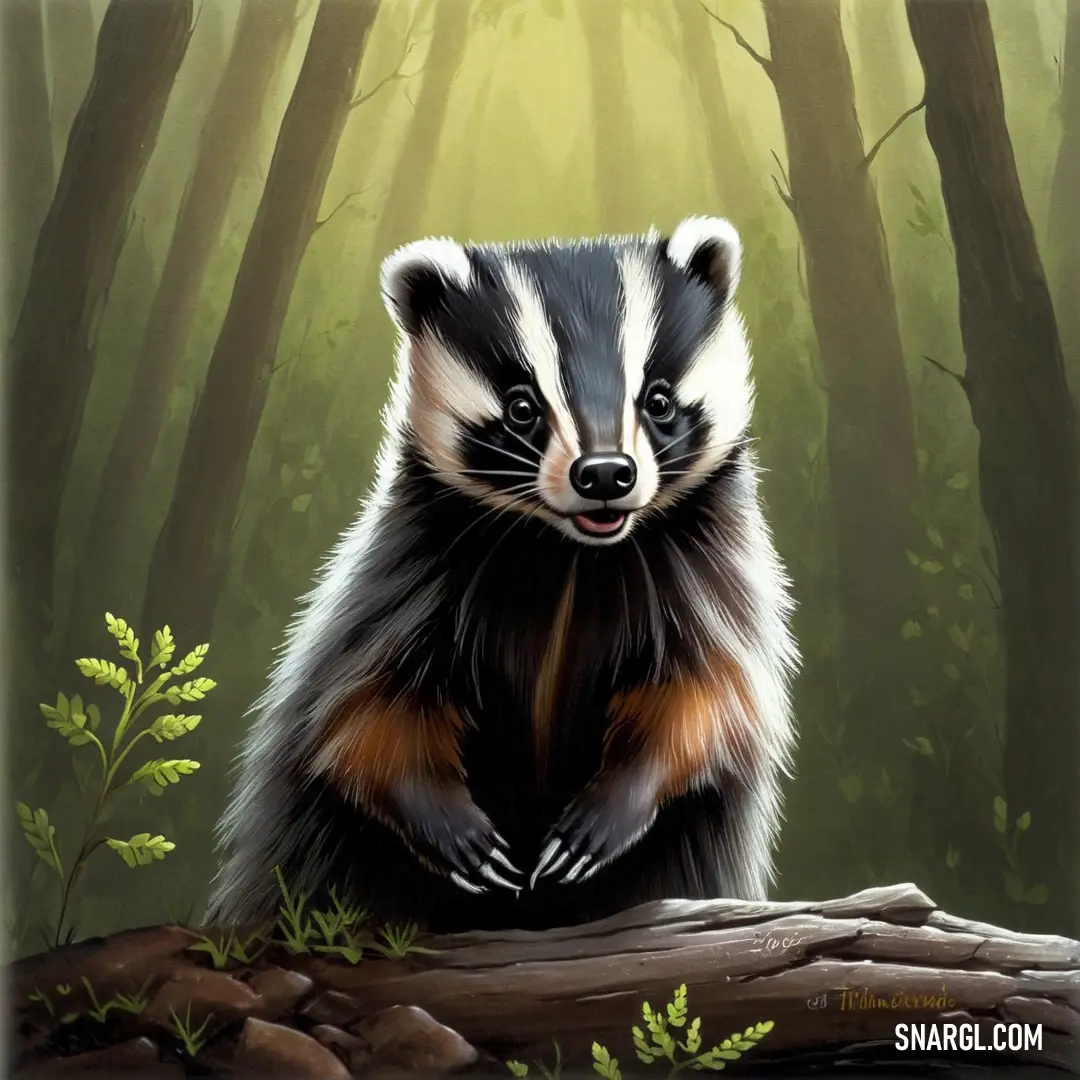 Painting of a badger on a log in a forest with green leaves and rocks, with a green background