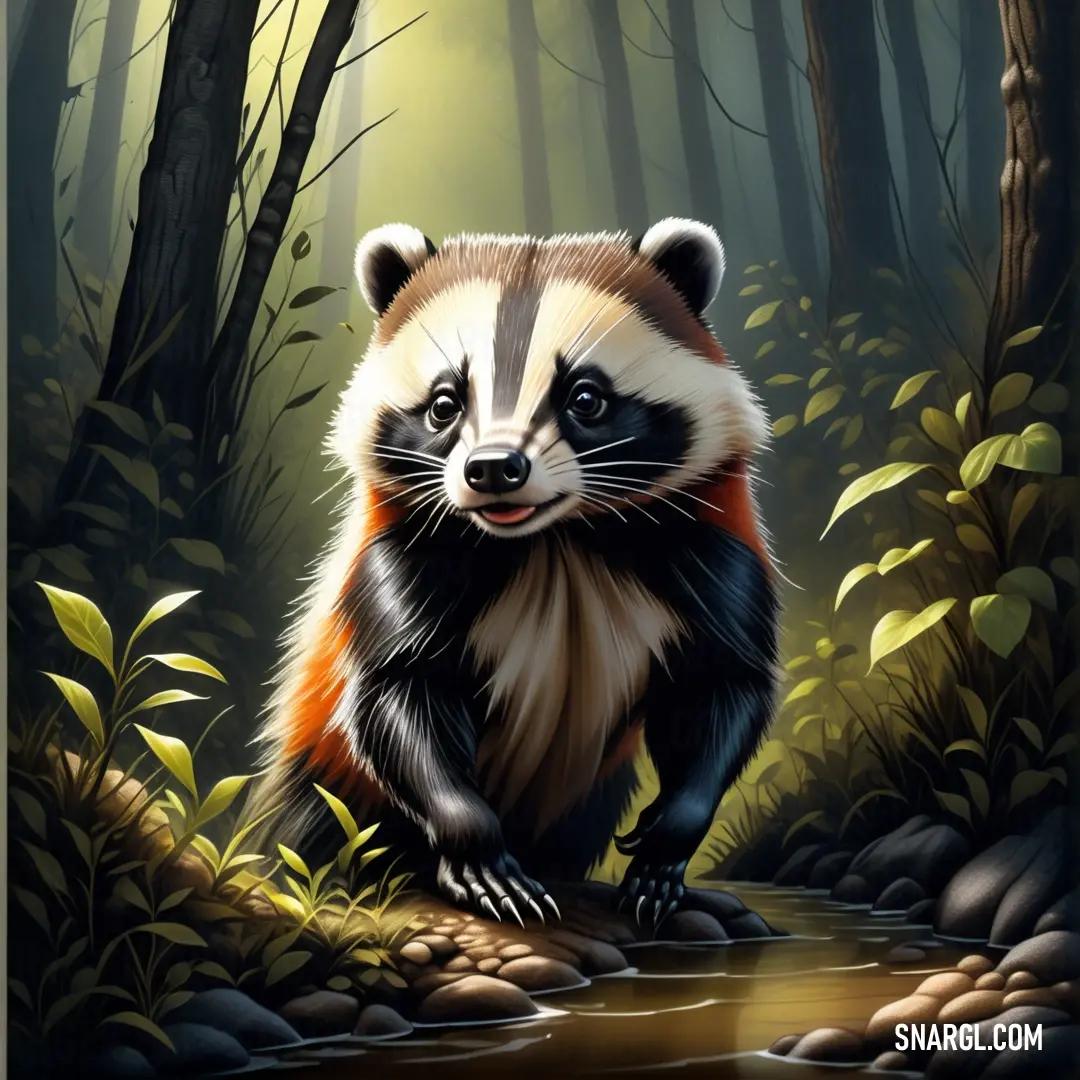 Painting of a Badger in a forest with a stream running through it's foreground