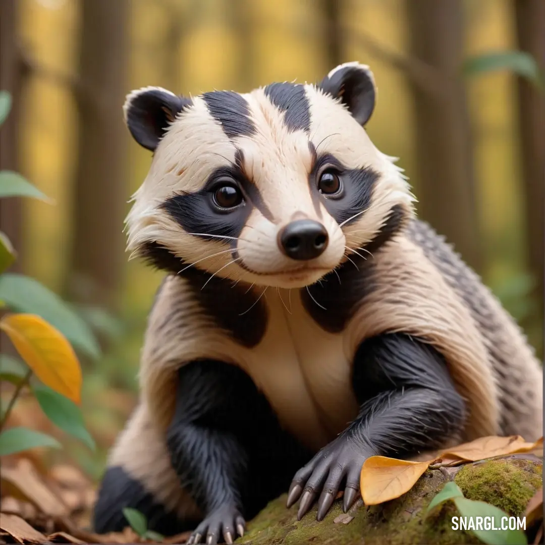 Small Badger on a tree stump in the woods with leaves around it and looking at the camera