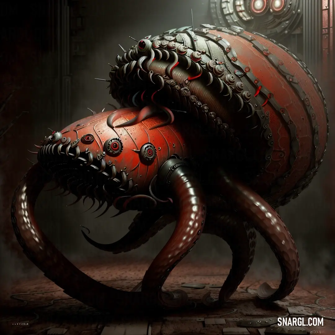 Giant octopus with a huge red body and tentacles on its back, with a clock in the background