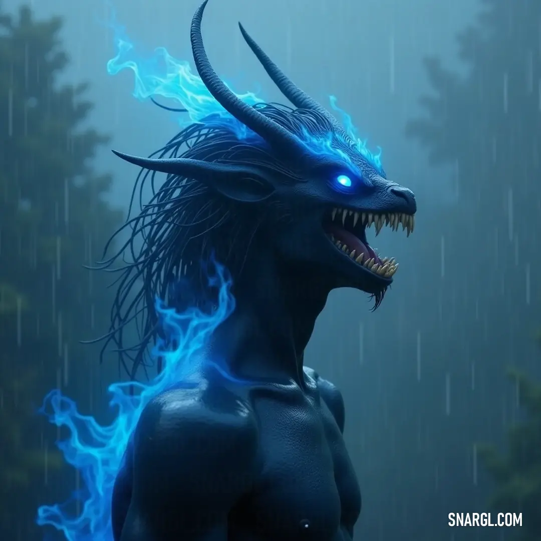 A brilliantly colored creature known as Blue Bahamut emerges with a strikingly large head and piercing blue eyes, surrounded by electric crackles of lightning that create an awe-inspiring spectacle of mythical wonder.