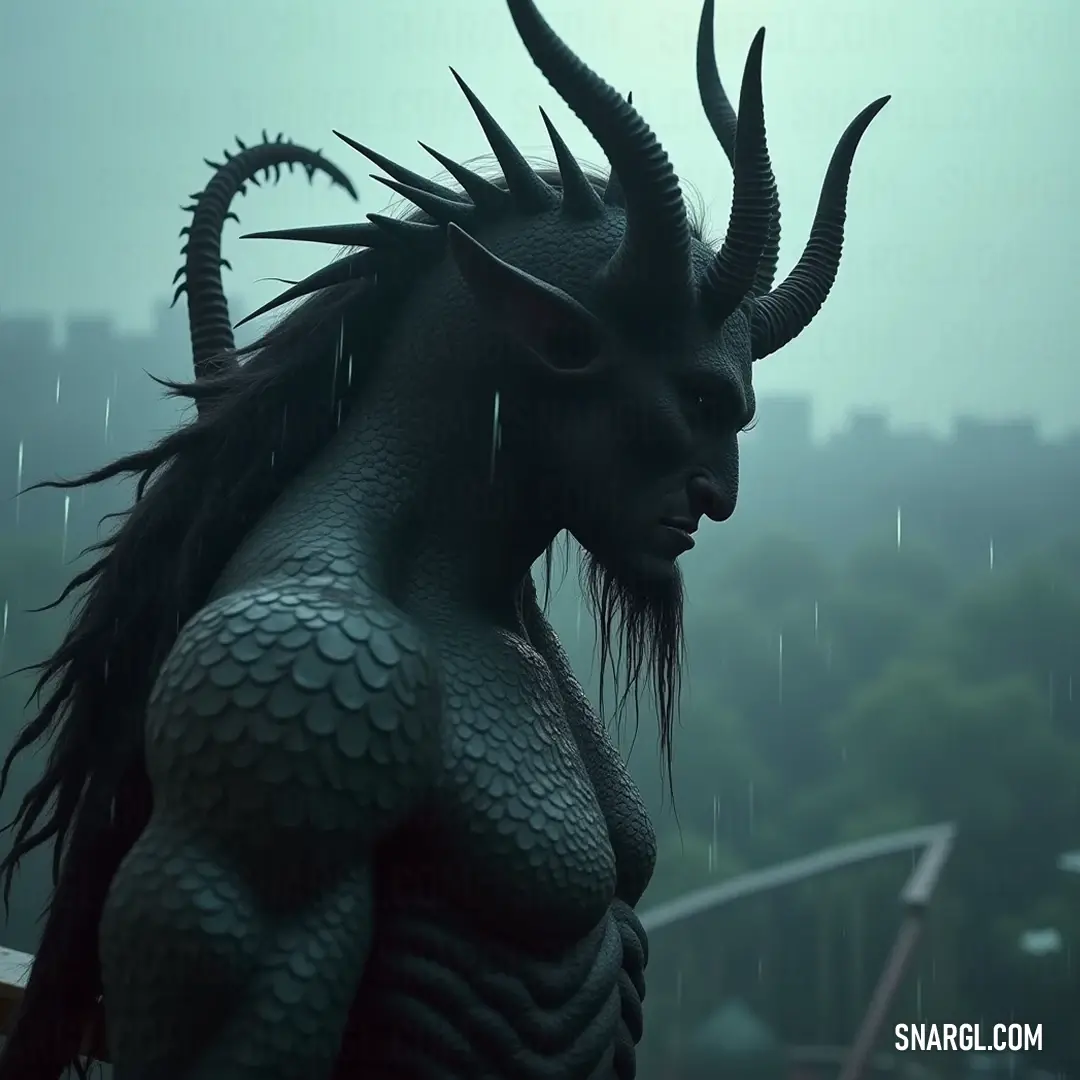 Balam stands in the rain, surrounded by a vibrant city skyline, his flowing hair and prominent horns adding to the atmospheric composition. Balam, with flowing hair and prominent horns, stands resolute in the rain, a vibrant cityscape emerging in the drenched backdrop, hinting at urban life amidst his tranquil solitude.