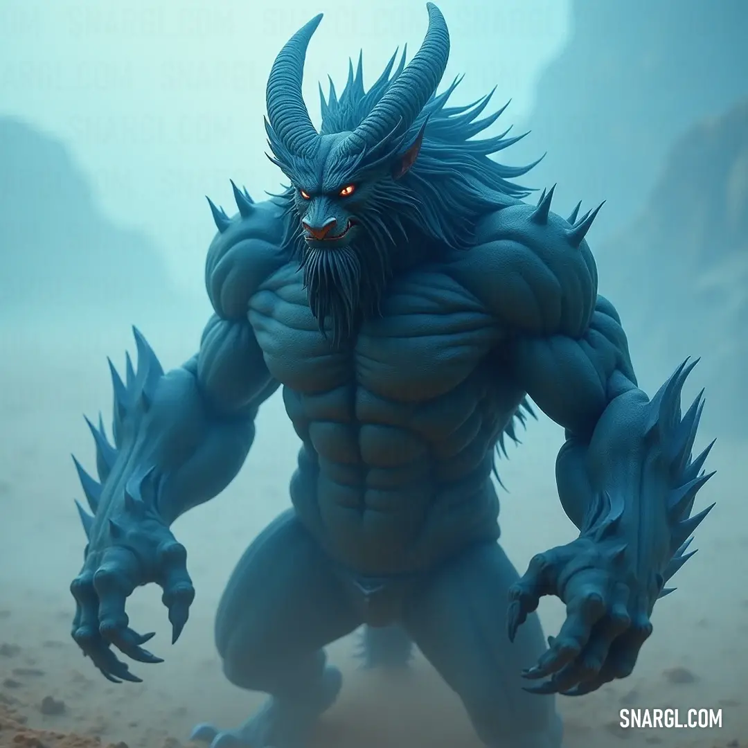 Blue Balam, with its grand horns and unique features, stands out in a lively, colorful landscape, captivating all who gaze upon it. The striking figure of Blue Balam, characterized by its large horns, a whimsical beard, and a prominent nose, exudes charm and whimsy, inviting curiosity and admiration in a vibrant, fantastical setting.