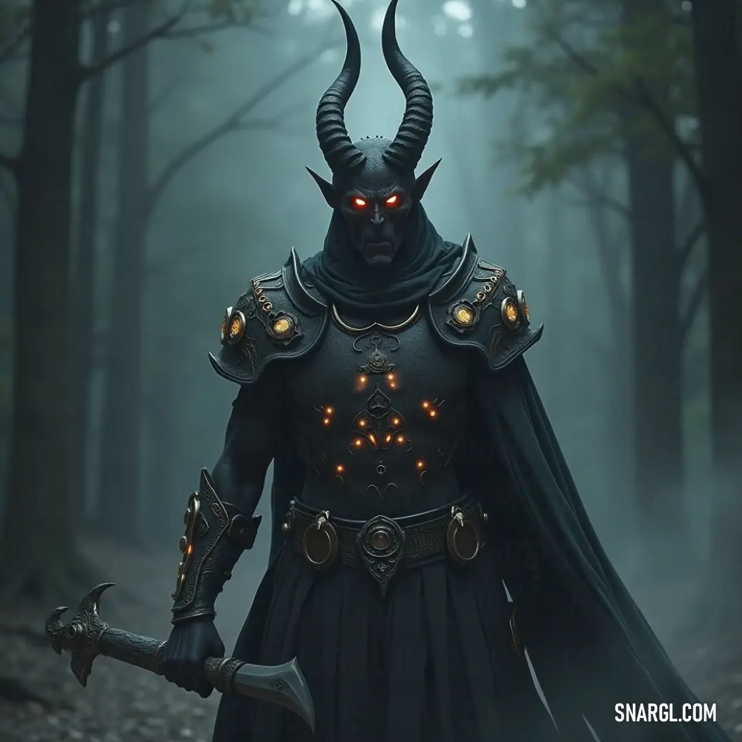 Amidst the whispers of an ancient forest, a heroic figure clad in a horned costume brandishes his sword, inviting the adventure and intrigue that lie hidden within the fog and trees that surround him. A formidable presence in a horned costume raises a sword high amidst an enigmatic forest shrouded in fog, trees standing tall, their silhouettes contributing to the mystique of the scene.