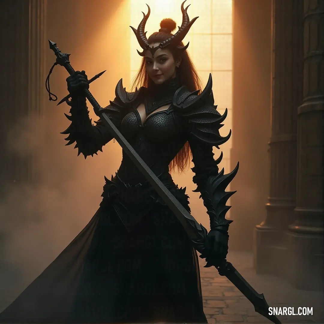 Balarama, dressed in black and armed with a sword, exudes strength and authority, with a striking horned headdress adding to his imposing figure. Balarama stands in a dark outfit with a sword in hand, his imposing presence enhanced by a horned headdress, symbolizing power and strength as he gazes confidently forward.