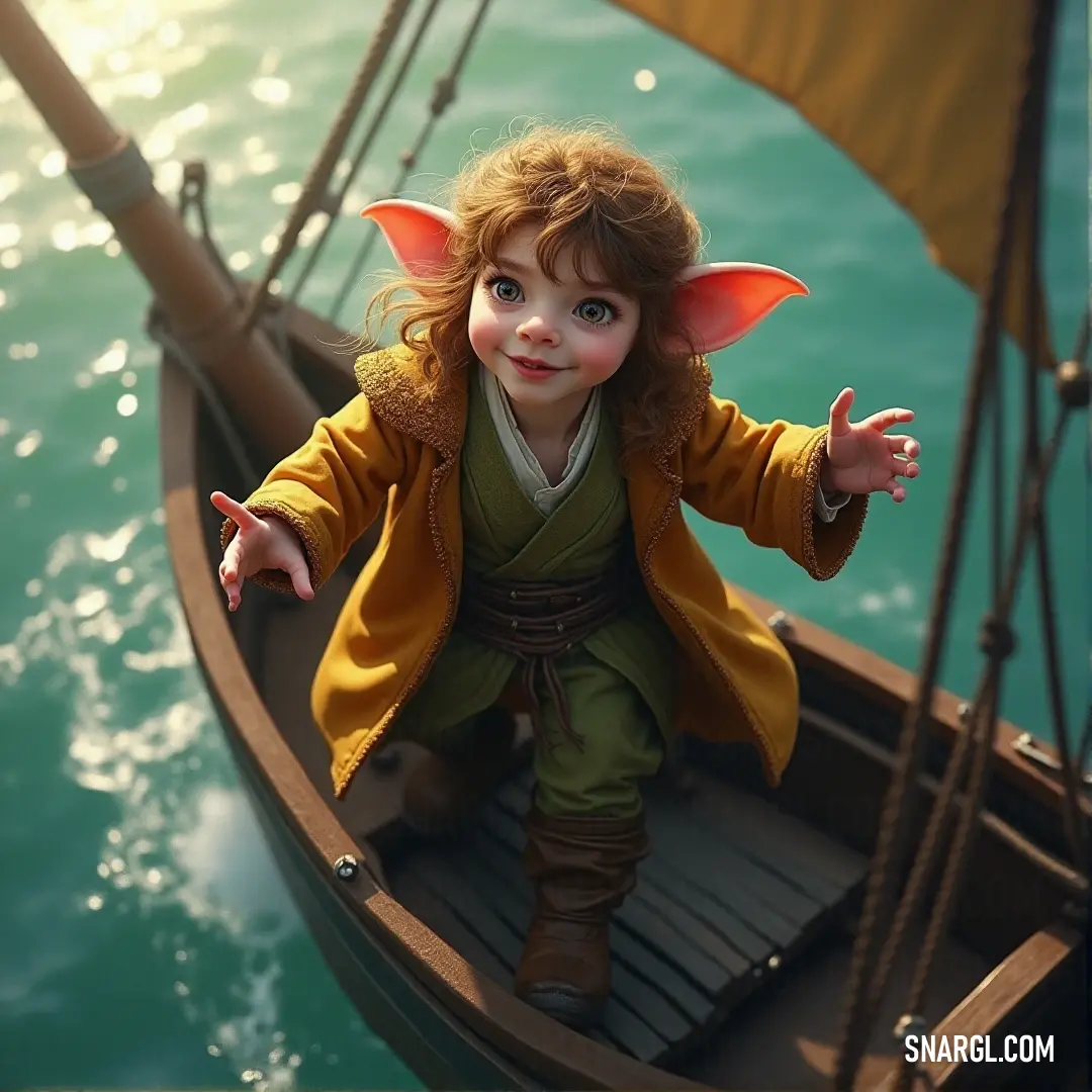 A little boy dressed in a costume, wearing a yellow jacket and brown pants, sits on a boat in the water. His expression is one of wonder as he gazes out across the calm waters, the soft light of the day reflecting off the surface.