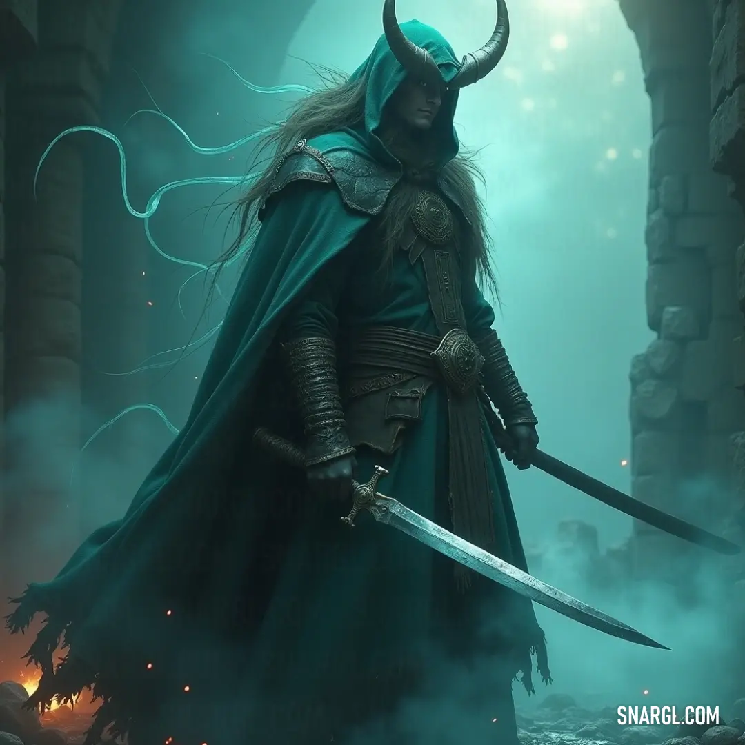 A cloaked warrior poised in a foggy landscape An enigmatic figure draped in a green cloak holds a sword firmly in a fog-drenched landscape, where the mist swirls like a living entity, creating an atmosphere of suspense and anticipation.