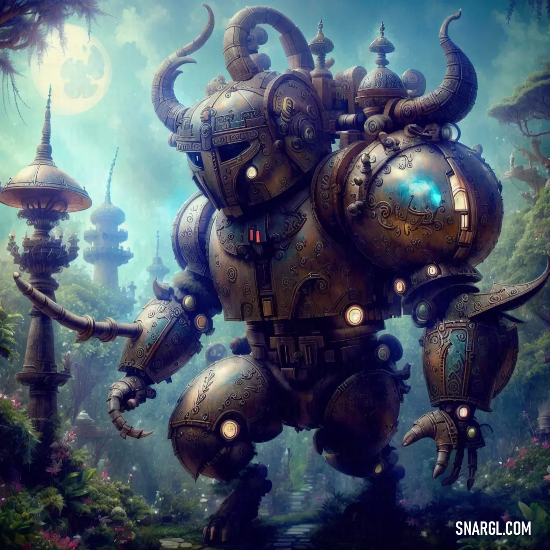 Giant robot with horns and a huge body of water in a forest with trees and plants