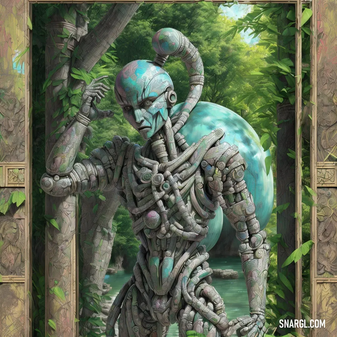 Painting of a skeleton in a frame with a tree in the background and a blue ball in the middle
