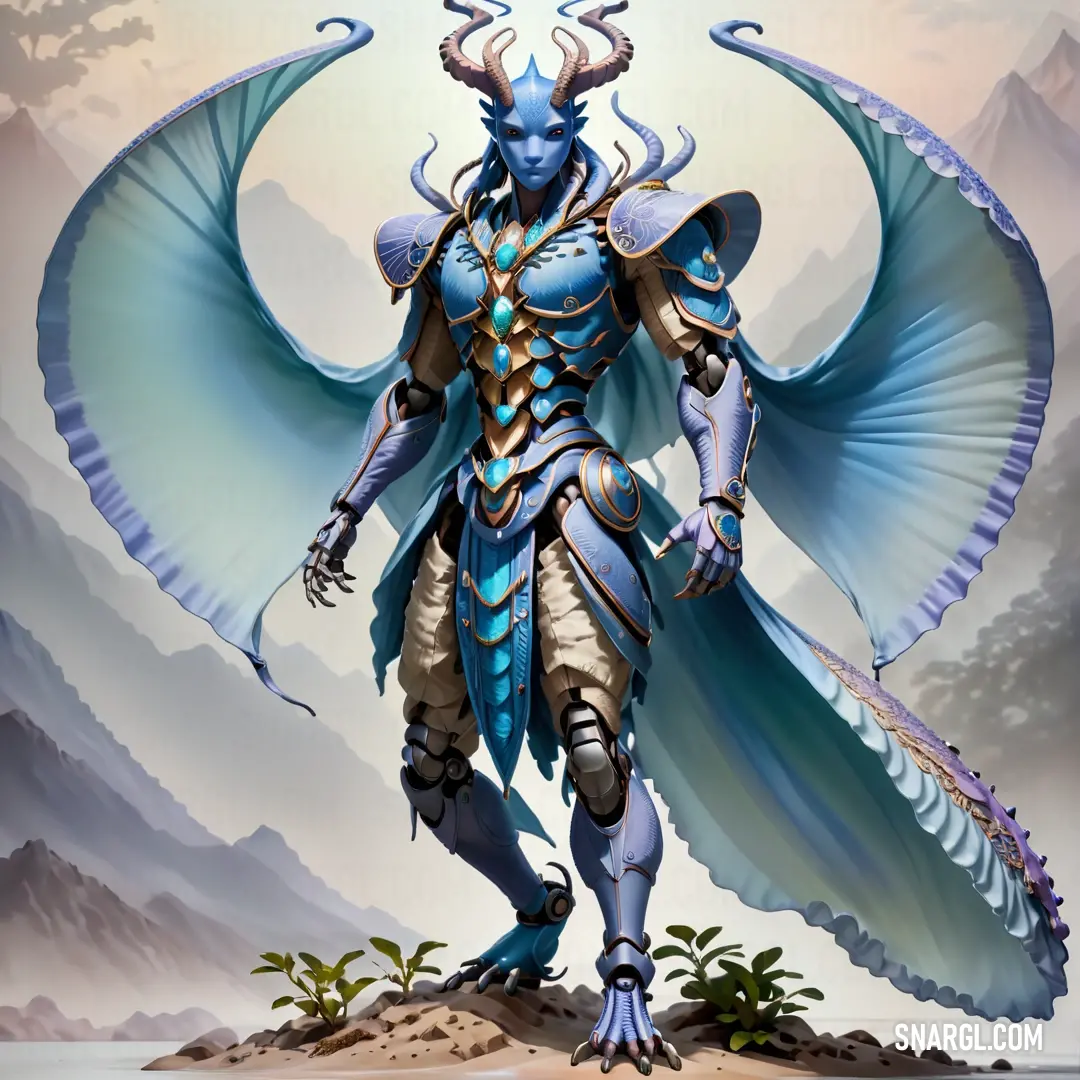 A character adorned in blue and gold armor stands on a mountain peak, sword in hand, with wings unfurled. The sky behind him is vast and open, showcasing his dominance over the land and sky, with a breathtaking view.