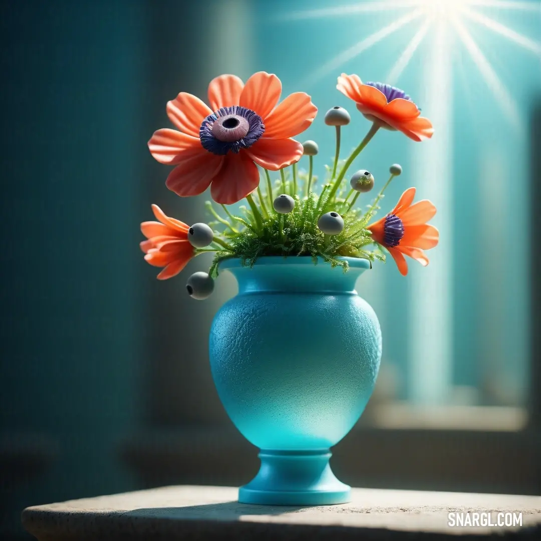 Blue vase with flowers in it on a table in a room with a light shining in the background. Color Ball Blue.