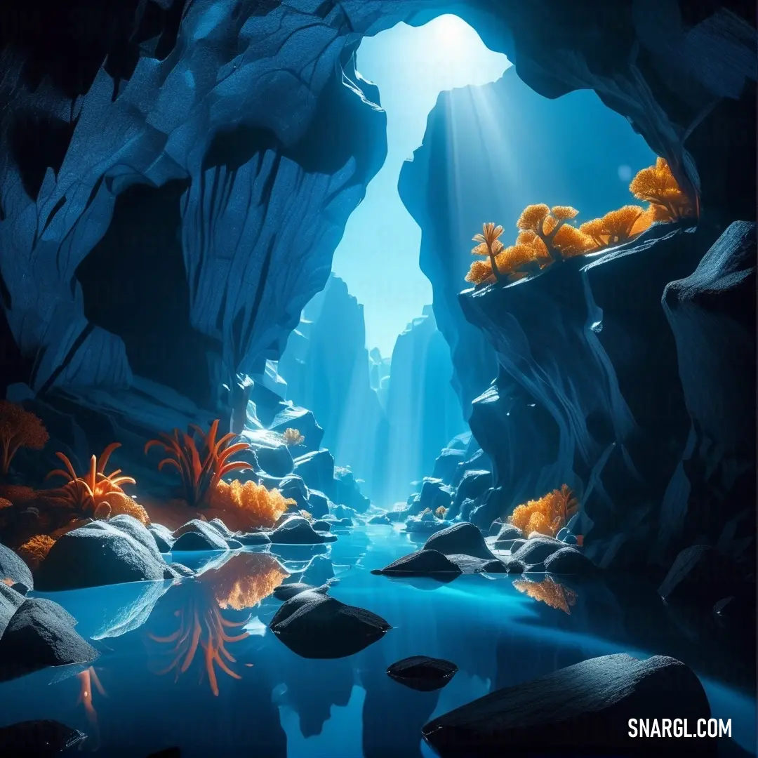 A mystical cave illuminated by a bright light streaming from its entrance, revealing a peaceful stream flowing through the cave. The serene Ball Blue color adds depth to the hidden scene.