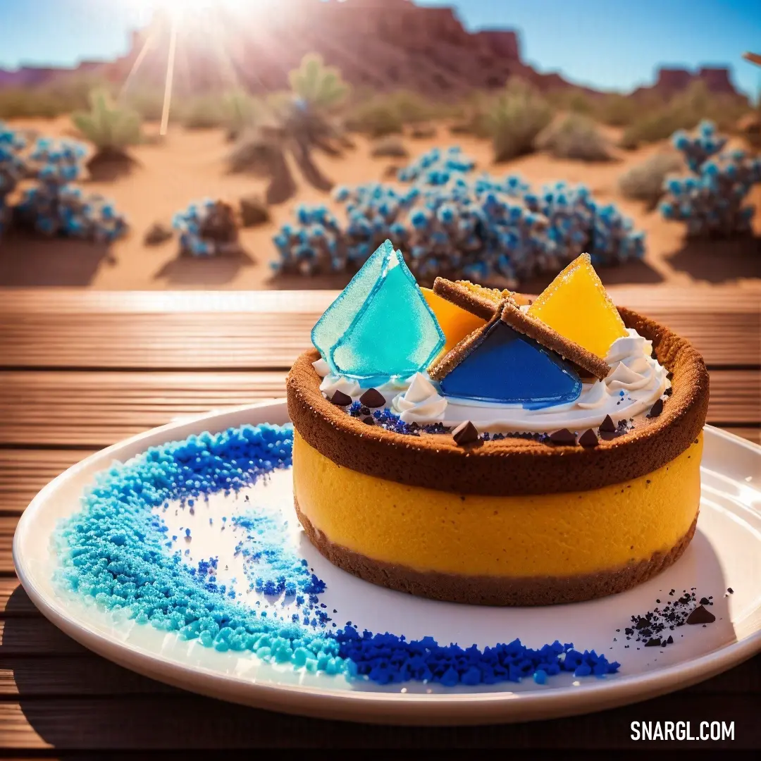 A desert-themed dessert, featuring a beautiful plate of sweets, set against a vast desert landscape in the background. The warm tones of the dessert contrast with the desert's natural hues.