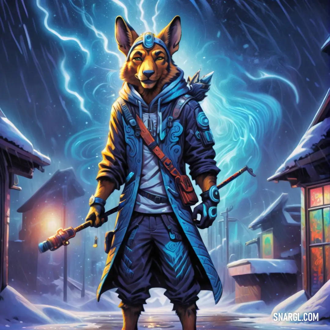 A fox dressed in a winter coat and hat stands confidently in a snowy town, gripping a rifle. Lightning illuminates the dramatic sky, casting a mystical glow over the scene.