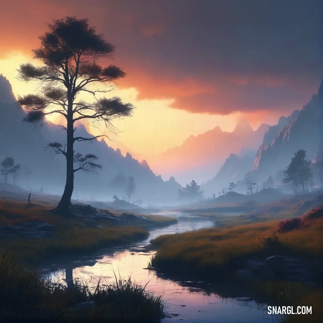 A tranquil painting of a river winding through a landscape, with a tree standing tall in the distance, as a beautiful sunset bathes the scene in soft, warm hues of Ball Blue.