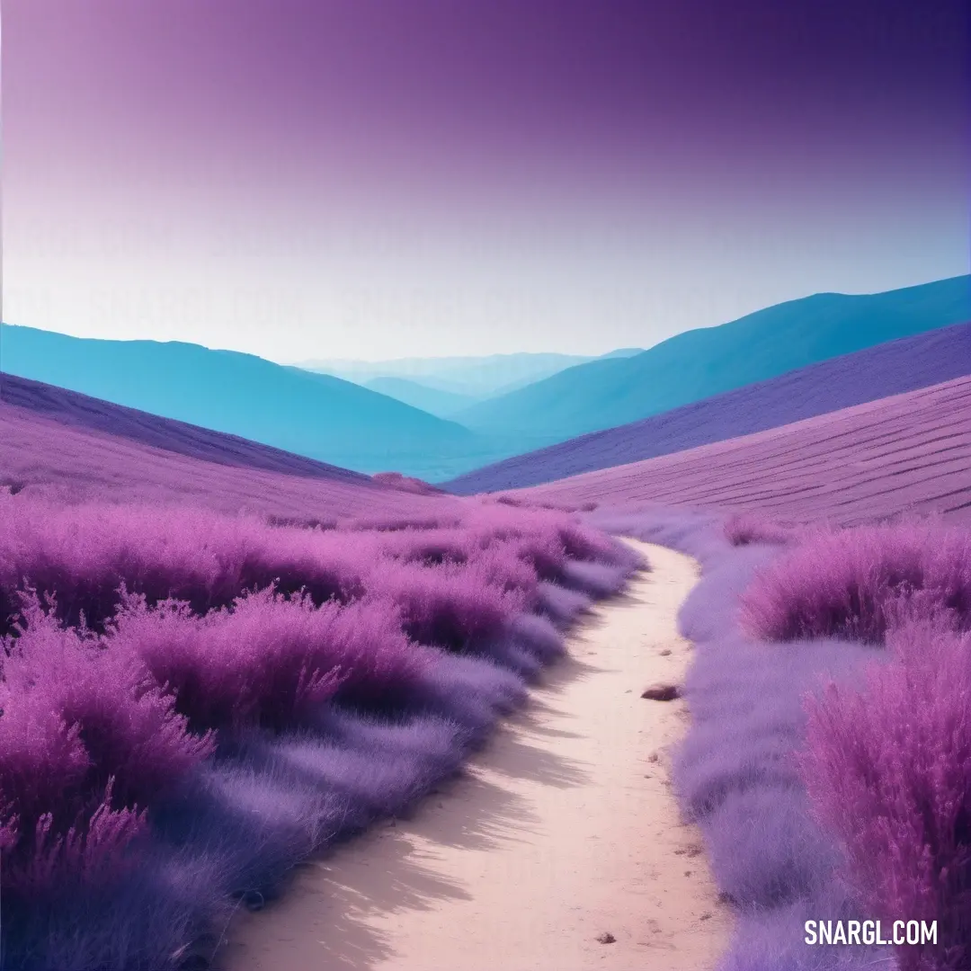 A rich purple field stretches out beneath a stunning purple sky, with a dirt path leading toward distant mountains. The colors create a surreal and dreamlike atmosphere, inviting you to journey through this vibrant landscape.