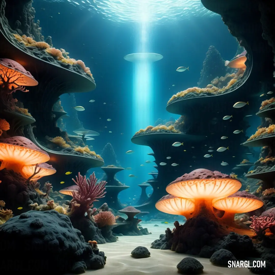 An enchanting underwater scene where soft rays of light filter through the water, illuminating colorful mushrooms growing in the depths. The peaceful Ball Blue hue adds an air of mystery.