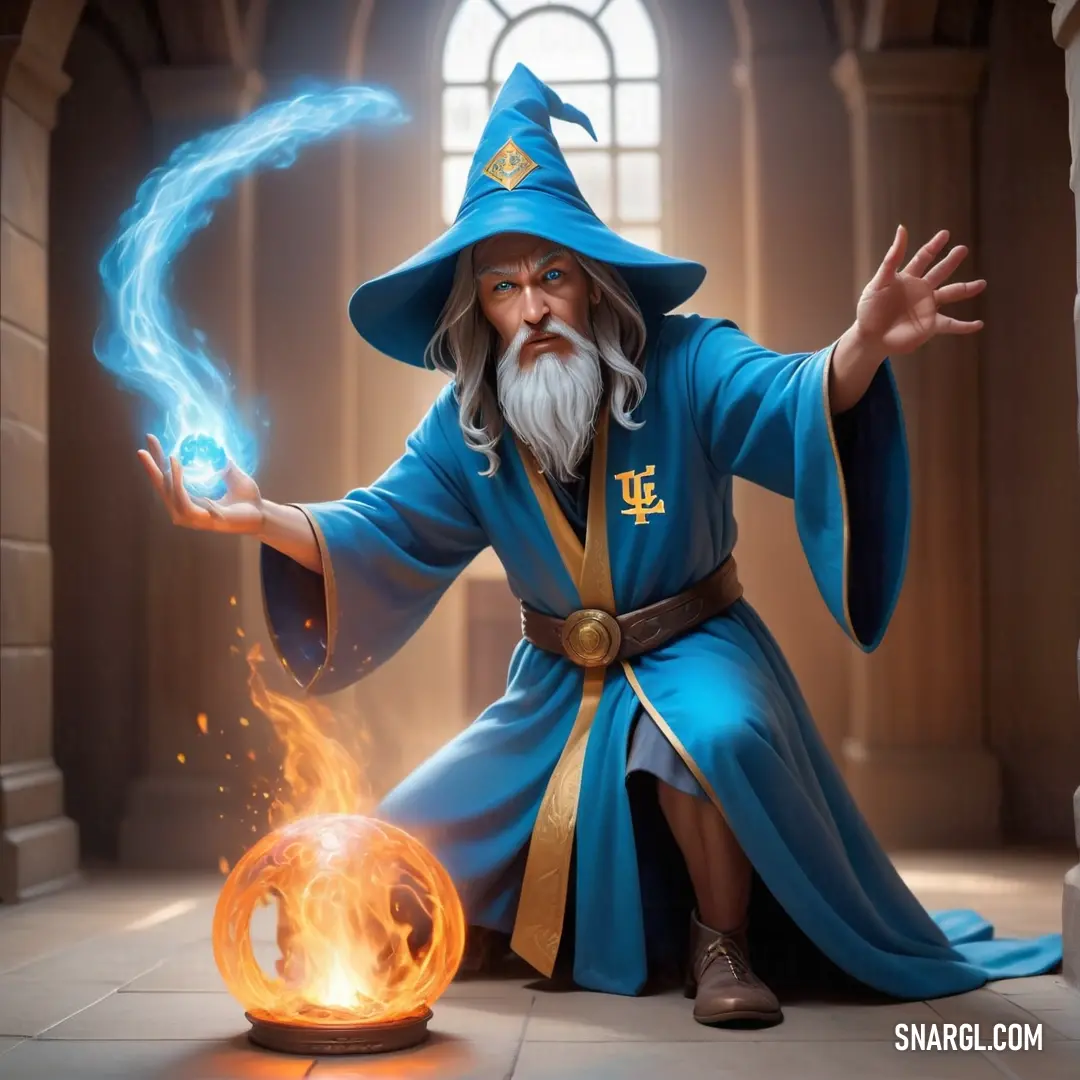 A wizard kneels on the ground, holding a glowing orb of fire in his hand. The swirling energy illuminates his determined expression, contrasting with the shadows surrounding him, as if preparing for a mystical battle.