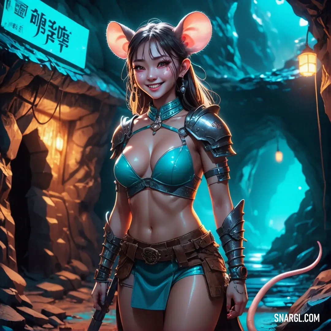 Woman in a bikini and mouse ears holding a knife in a cave with a sign in the background. Example of Ball Blue color.