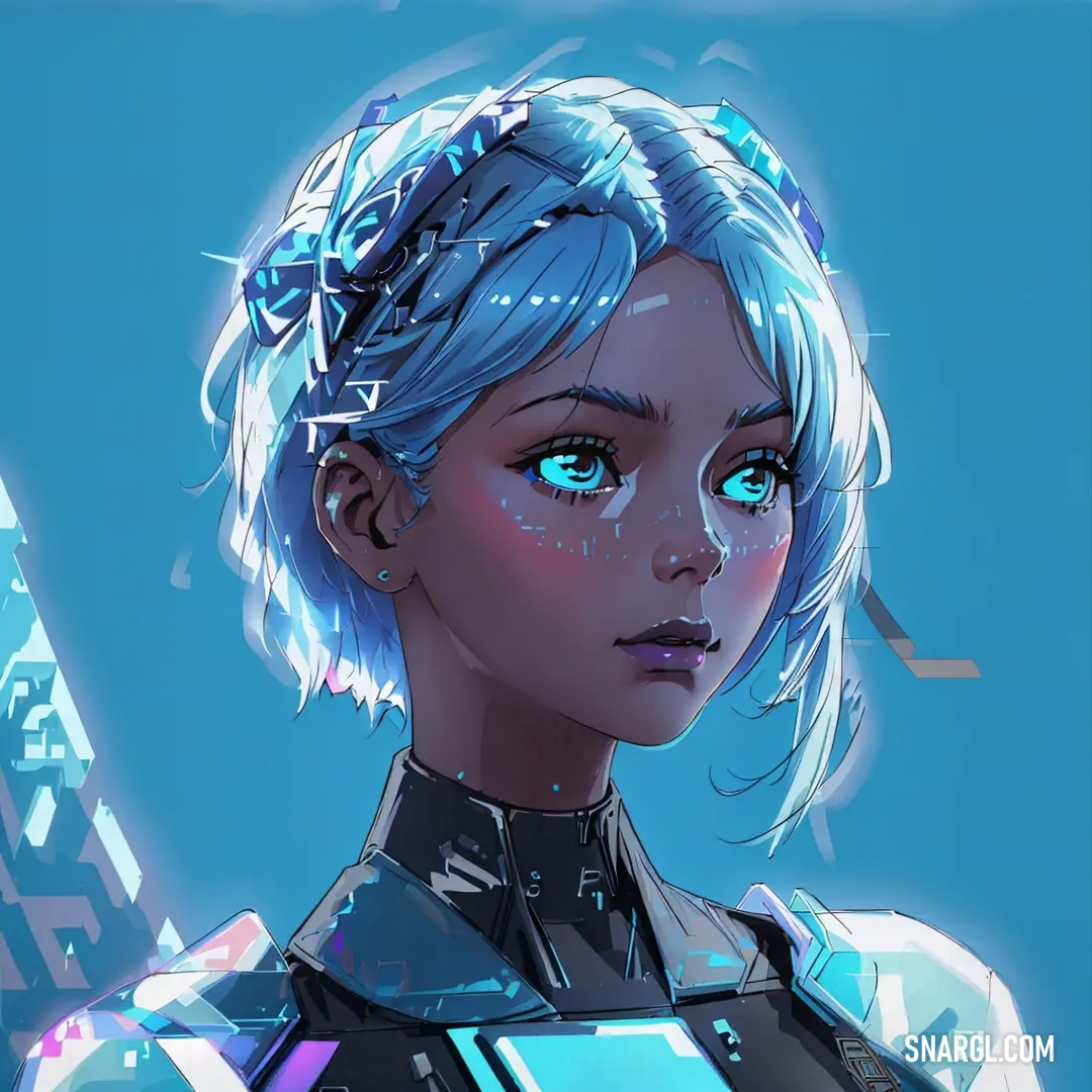 A woman with electric blue hair and captivating futuristic makeup gazes confidently at the camera, her outfit shimmering with the RGB 33,171,205 color, adding a mystical aura to her presence.