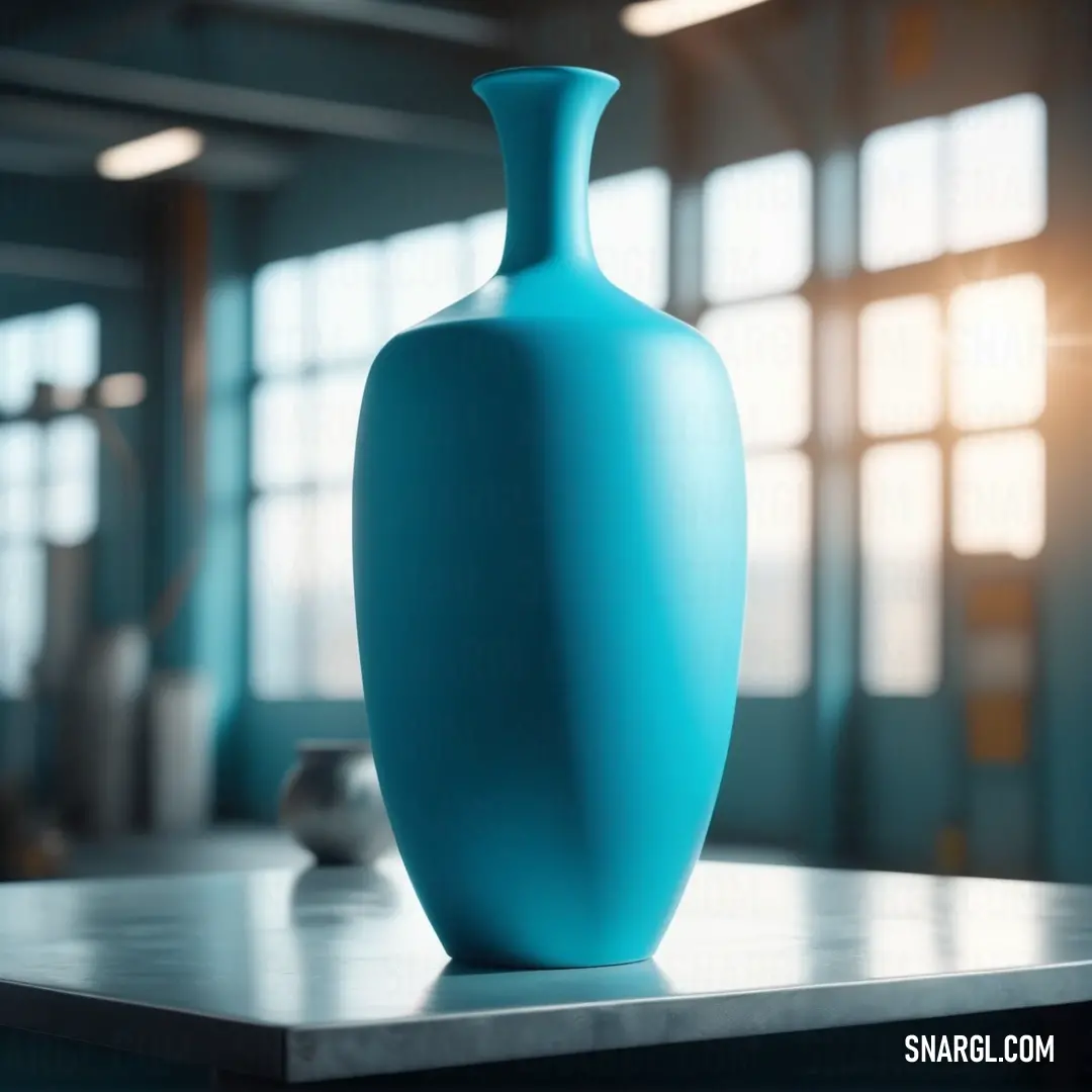 Blue vase on a table in a room with windows in the background. Color CMYK 84,17,0,20.