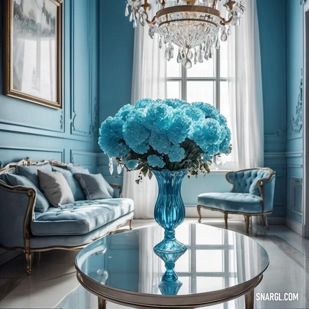 Blue vase with flowers on a table in a room with blue walls and furniture and a chandelier. Example of RGB 33,171,205 color.