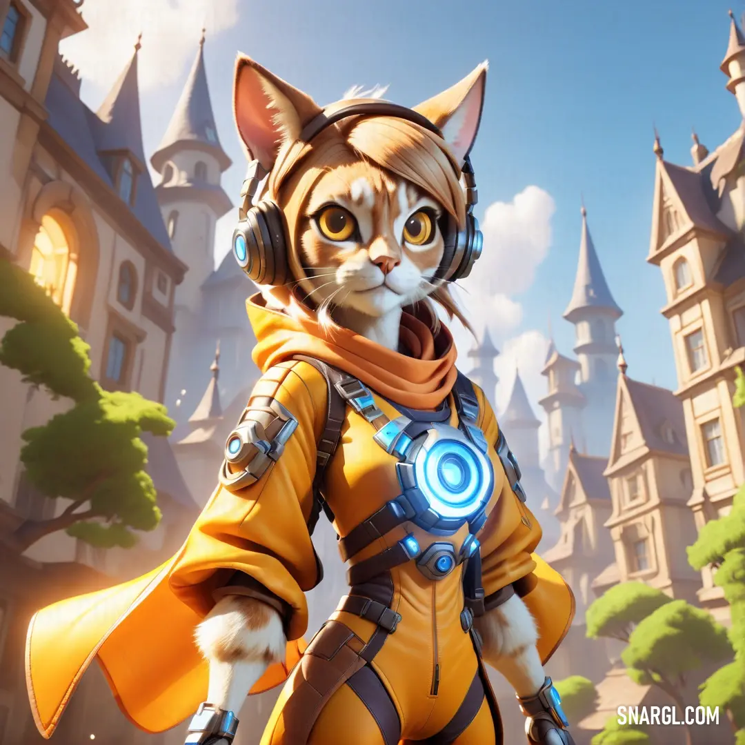 A playful cat in a yellow outfit stands confidently, sporting headphones and cat ears, its eyes gleaming with excitement. The RGB 33,171,205 color pops vibrantly against the backdrop.