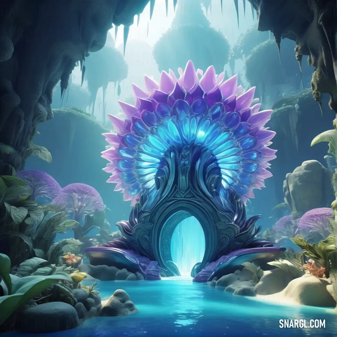 A vivid, computer-generated creature in shades of blue and purple sits in a dark cave, surrounded by rocks, water, and plants. The creature’s striking colors stand out against the dark cave, making it an otherworldly and mysterious scene.